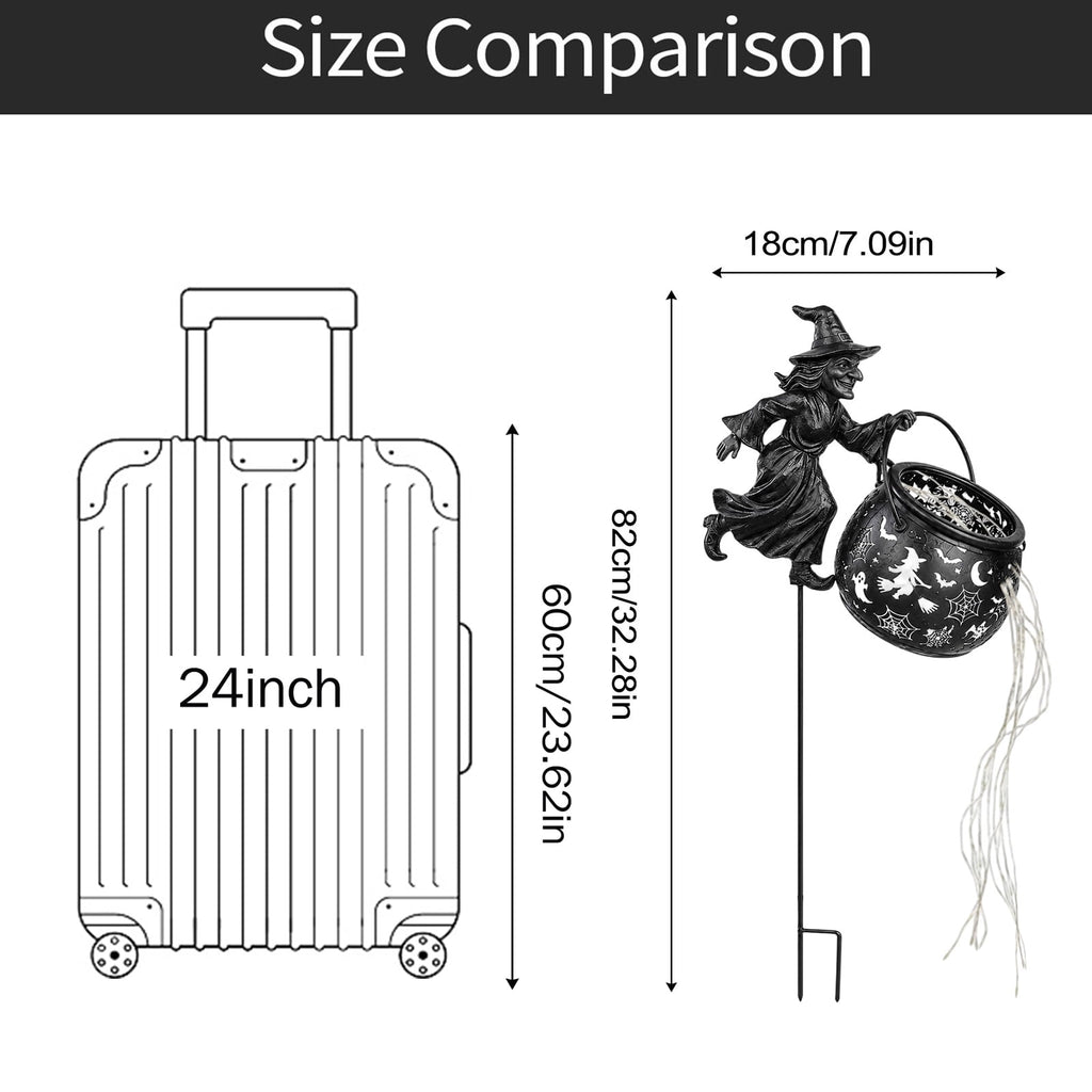 Halloween Witch Cauldron Garden Light, Solar Powered Halloween Projector Outdoor Decoration with Flying Witch and Lighted Cauldron, Witch Light Stake for Lawn Garden Porch Yard Decor, Style D