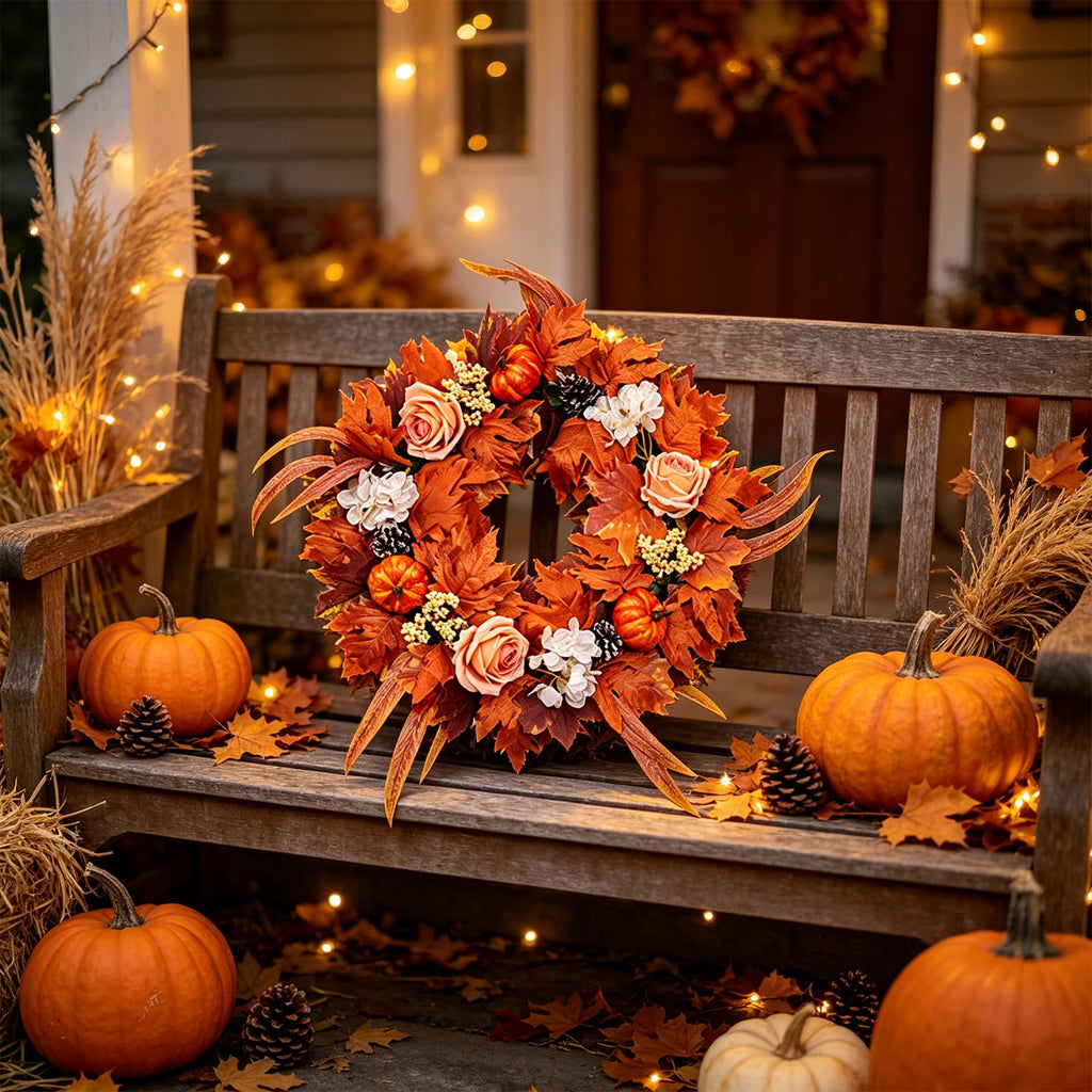 HOARBOEG Autumn Harvest Sunflower Wreath, Artificial Pumpkin Maple Leaf Fall Wreath for Front Door, 21.65 in Thanksgiving Wall Hanging Decor, Outdoor Indoor Harvest Decor