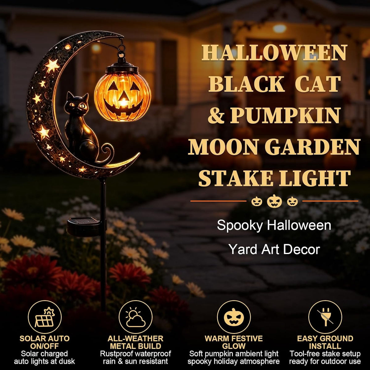 Solar Halloween Black Cat & Pumpkin Moon Garden Stake Light | Waterproof Metal Black Cat Yard Ornament, Auto On Off Solar Outdoor Light, Fall Halloween Decor Stake for Lawn Patio Pathway