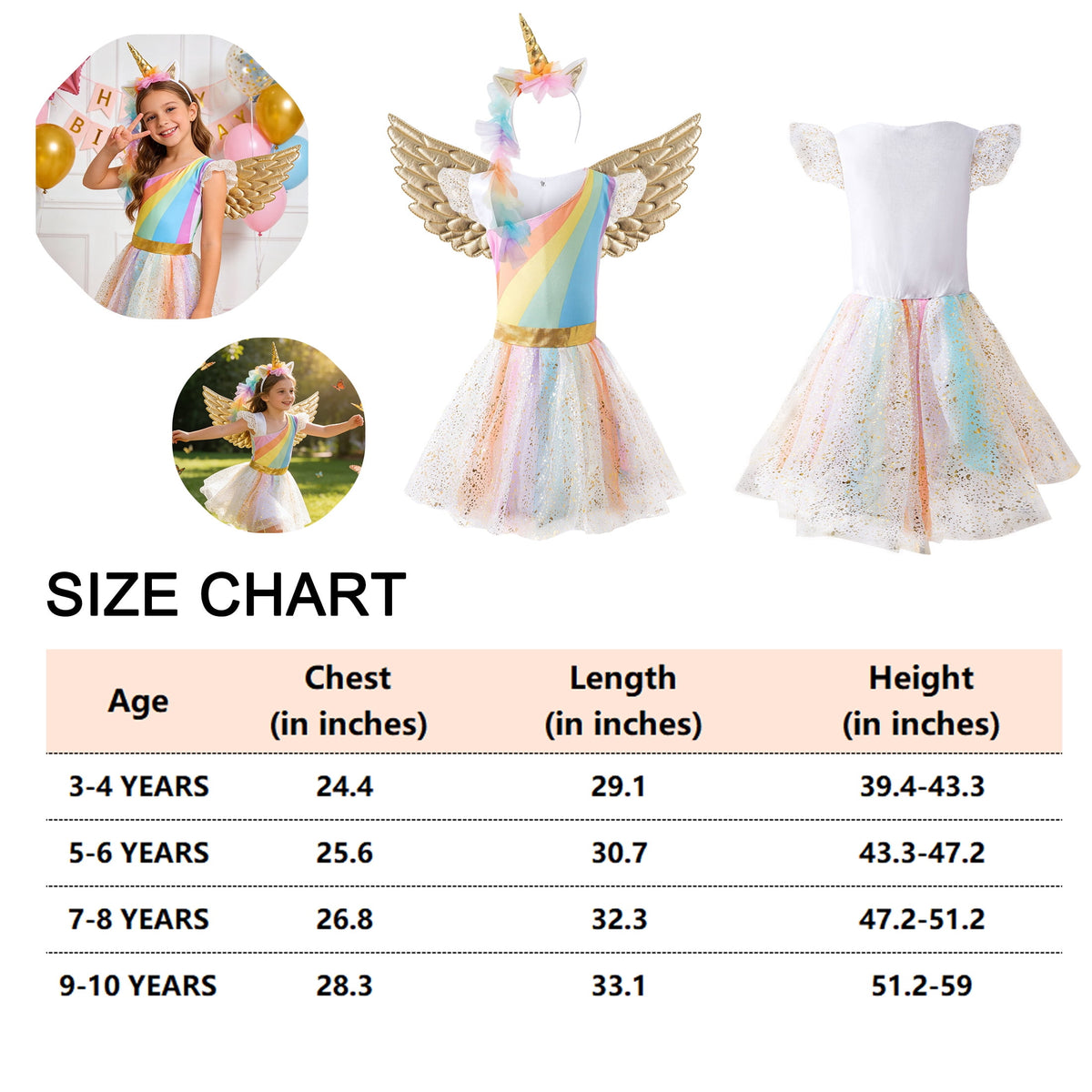 CZKHPTY Girls Rainbow Unicorn Tutu Costume Set with Headband & Wings, Kids Princess Dress Up Outfit, Sizes 9-10Y