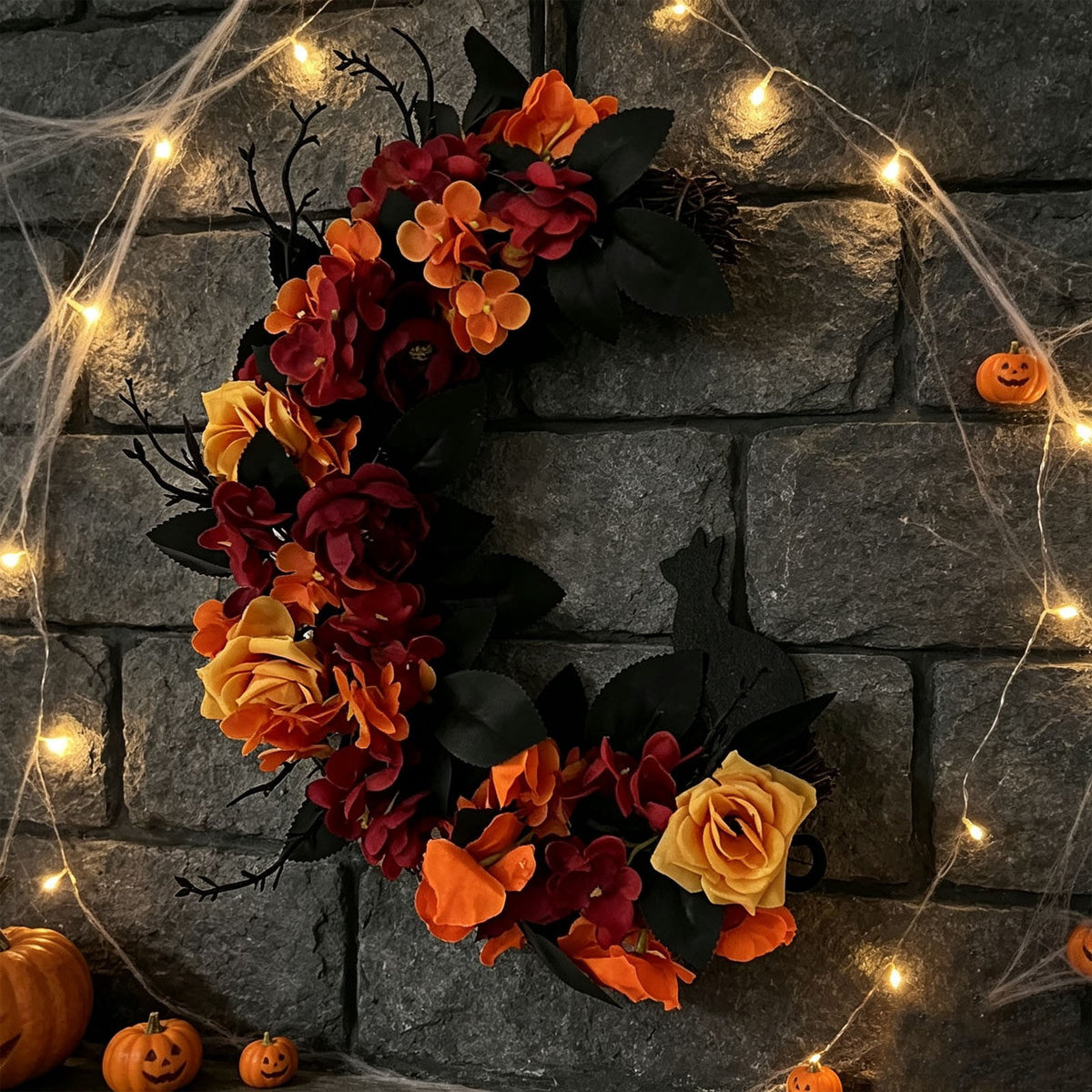 Gcvizuso Halloween Wreath with LED Light String, Purple Rose Black Crow Oval Spooky Twig Wreath for Front Door Window Fireplace Decor
