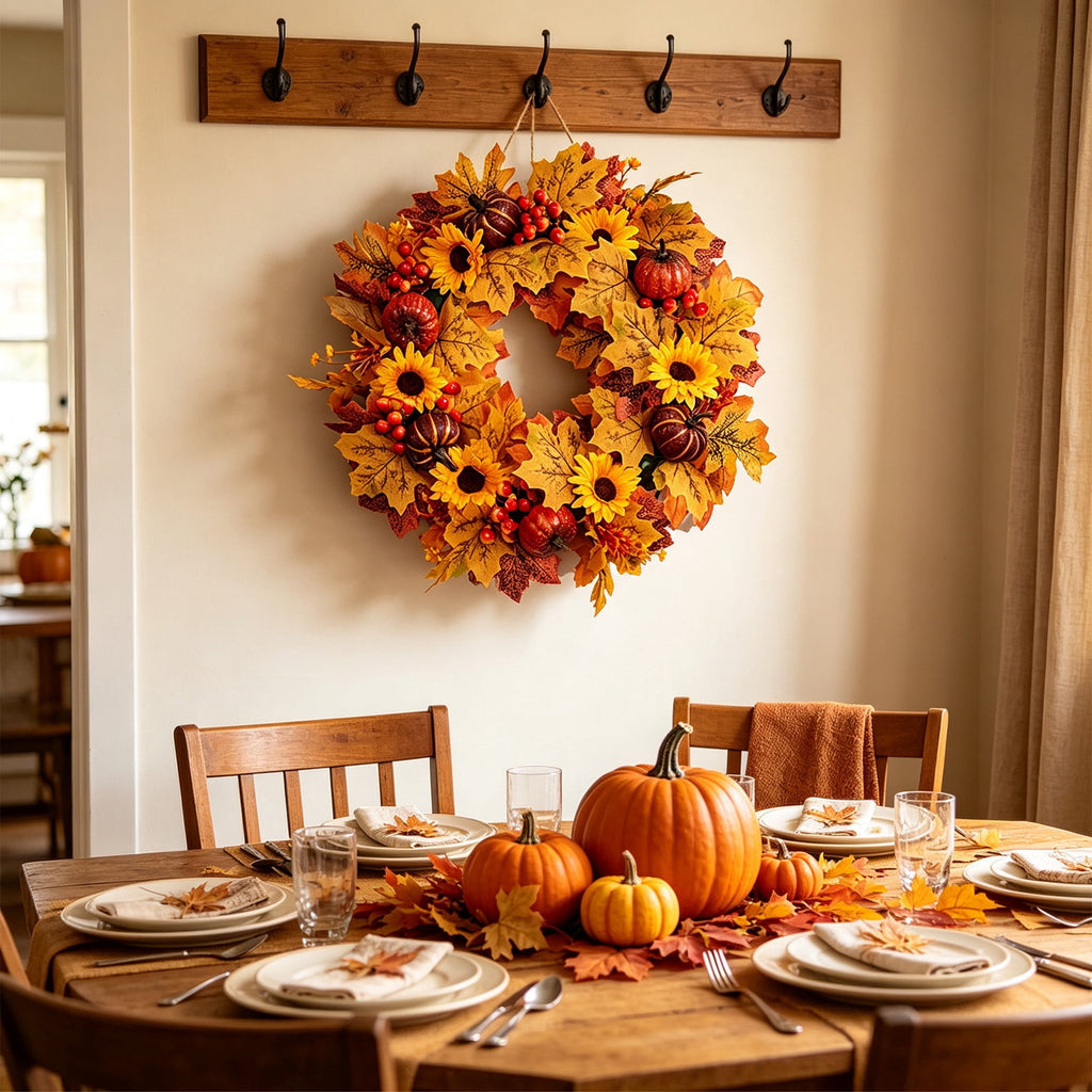 HOARBOEG Autumn Harvest Sunflower Wreath, Artificial Pumpkin Maple Leaf Fall Wreath for Front Door, 21.65 in Thanksgiving Wall Hanging Decor, Outdoor Indoor Harvest Decor