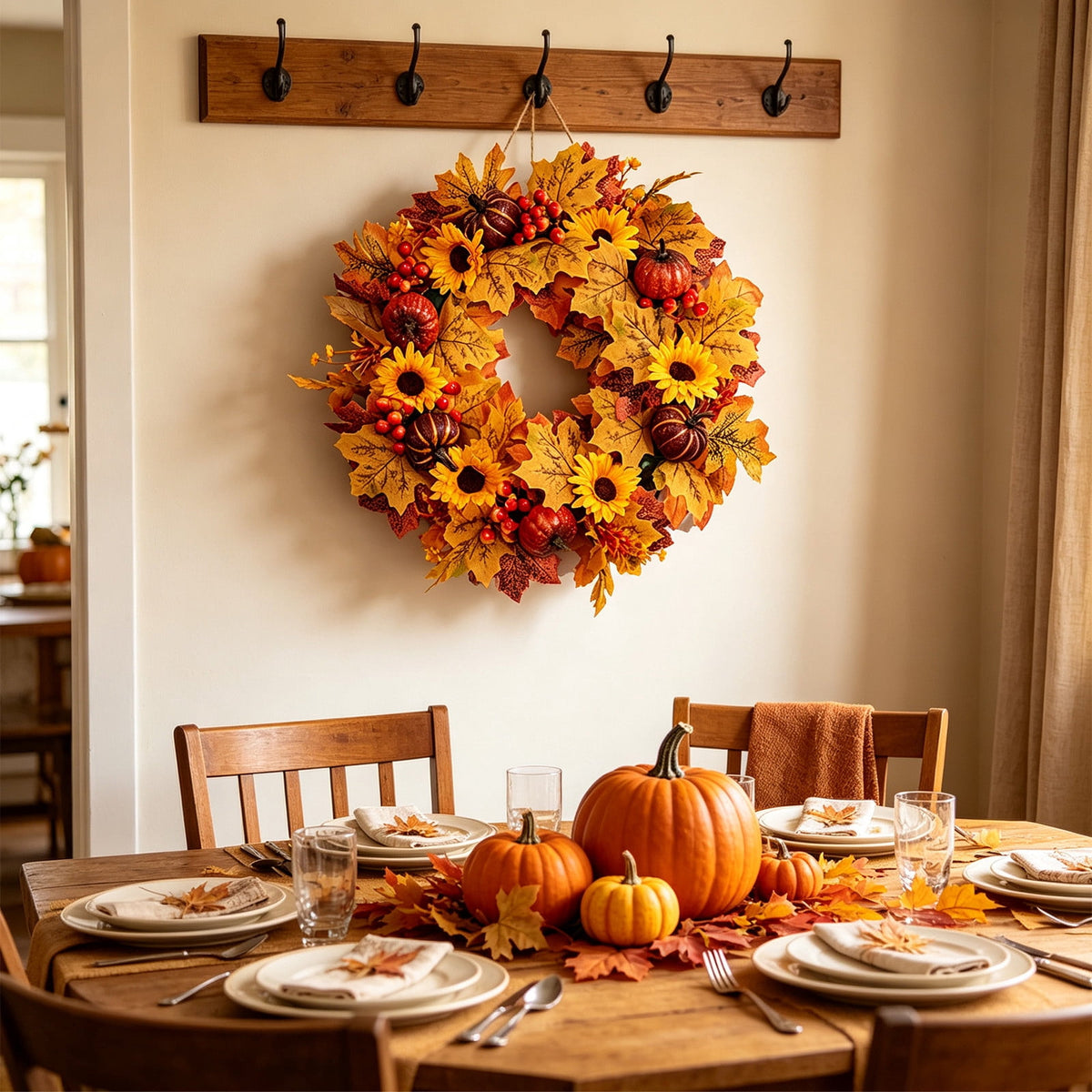 HOARBOEG Autumn Harvest Sunflower Wreath, Artificial Pumpkin Maple Leaf Fall Wreath for Front Door, 21.65 in Thanksgiving Wall Hanging Decor, Outdoor Indoor Harvest Decor