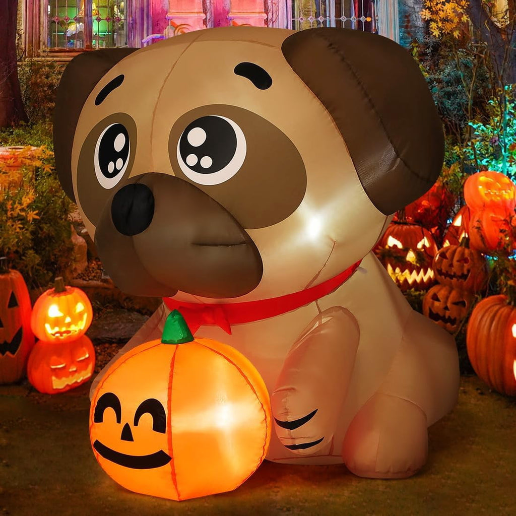 COMIN 5 FT Halloween Inflatables Dog Outdoor Yard Decorations Blow Up Pug Holding Pumpkin with Built-in LEDs for Indoor Party Garden Lawn Decor