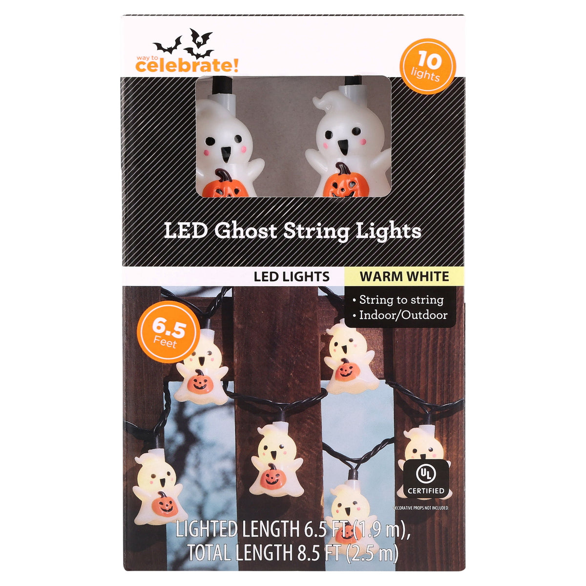 Indoor/Outdoor 10-Count LED Ghost String Lights, Warm White, 6.5', Halloween by Way To Celebrate