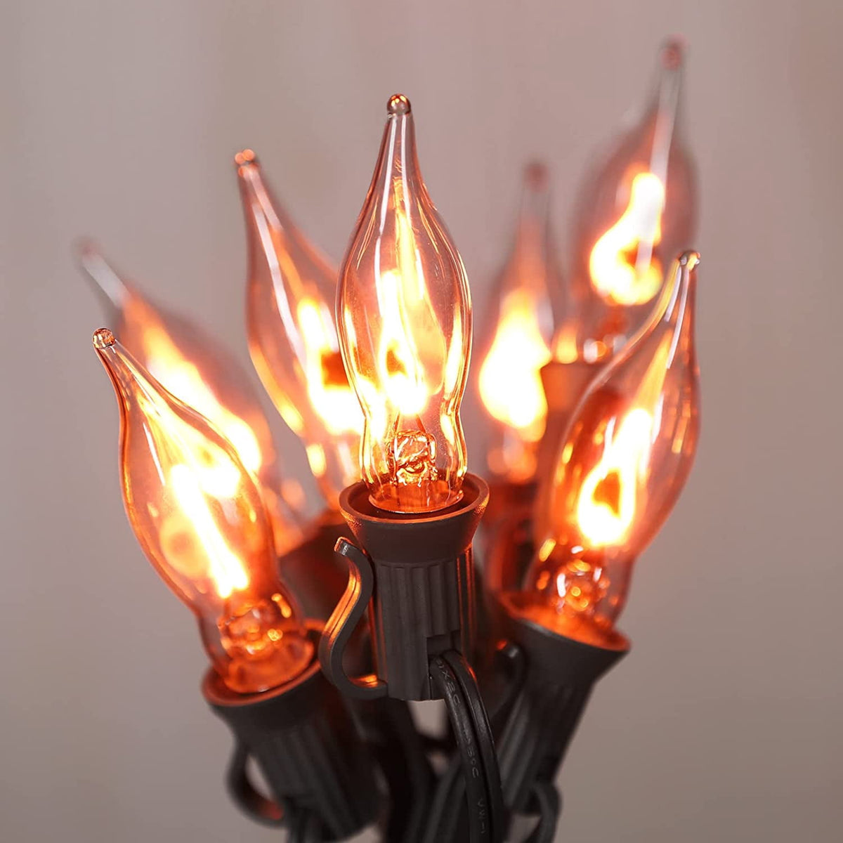 Halloween Lights Flickering Flame String Lights with 12 Pack C7 Orange Flame Light Bulbs (2 Spare), 12.8Ft Orange Flame String Lights for Indoor Outdoor Home Party Yard Halloween Decorations