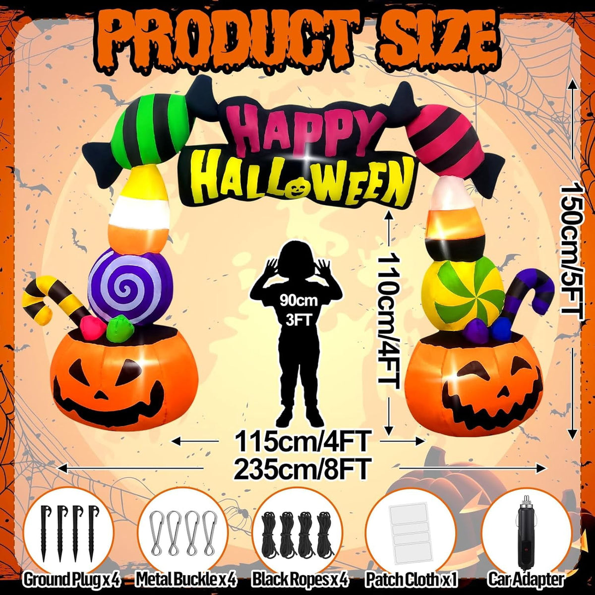 Kalolary 6FT Height Halloween Inflatables Trunk or Treat Car Decorations, Candy Pumpkin Arch Blow up Decorations with Built-in LED Lights Up for Halloween Party Lawn Yard SUV Car Luggage Decor
