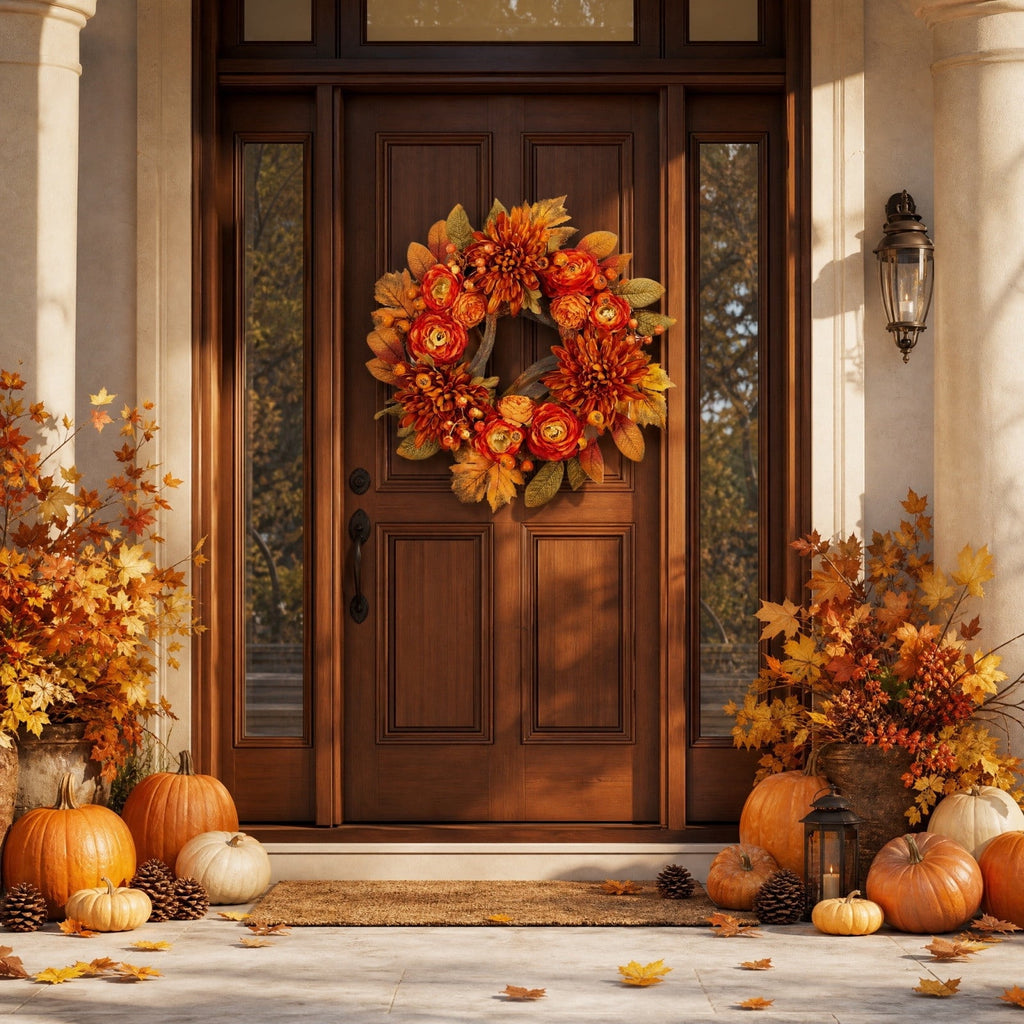 HOARBOEG Autumn Harvest Sunflower Wreath, Artificial Pumpkin Maple Leaf Fall Wreath for Front Door, 21.65 in Thanksgiving Wall Hanging Decor, Outdoor Indoor Harvest Decor