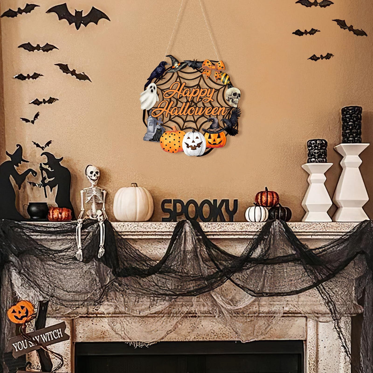 Halloween Decoration Indoor,Ghost & Pumpkin Halloween Wreath for Front Door,Wooden Black Cat Wall Sign Hanging Decor Indoor Outdoor Farmhouse Party Supply