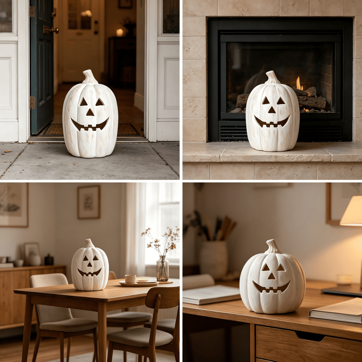 Fall Decorations for Home - Halloween Decor Indoor - 7.87" H White Handmade Resin Pumpkin Jack O' Lantern with Flameless Candle - Outdoor Decoration for Front Door Porch Mantel Kitchen Living Room