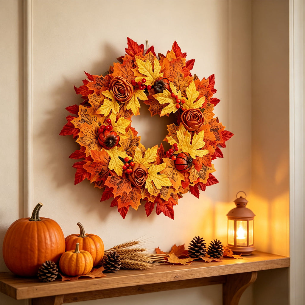 HOARBOEG Handmade Wrought Iron Maple Leaf Wreath, Thanksgiving Rudolph Fall Harvest Door Hanging, Orange Metal Autumn Wreath with Berries, Garden Wall Decor, 15.75 in