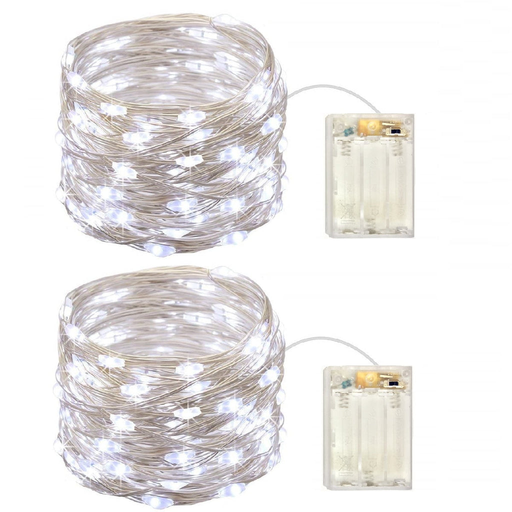 2 Pack Battery Operated Mini Lights,Indoor Led Fairy Lights with Timer 6 Hours on/18 Hours off for Wedding Party Decorations,50 Count Leds,17 Feet Silver Wire(Cold White)