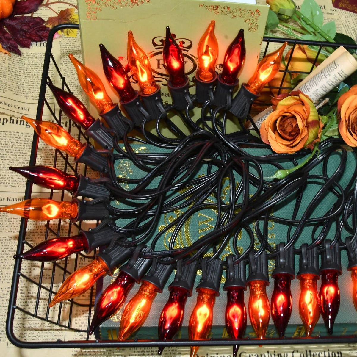 Halloween Lights Flickering Flame String Lights with 12 Pack C7 Orange Flame Light Bulbs (2 Spare), 12.8Ft Orange Flame String Lights for Indoor Outdoor Home Party Yard Halloween Decorations