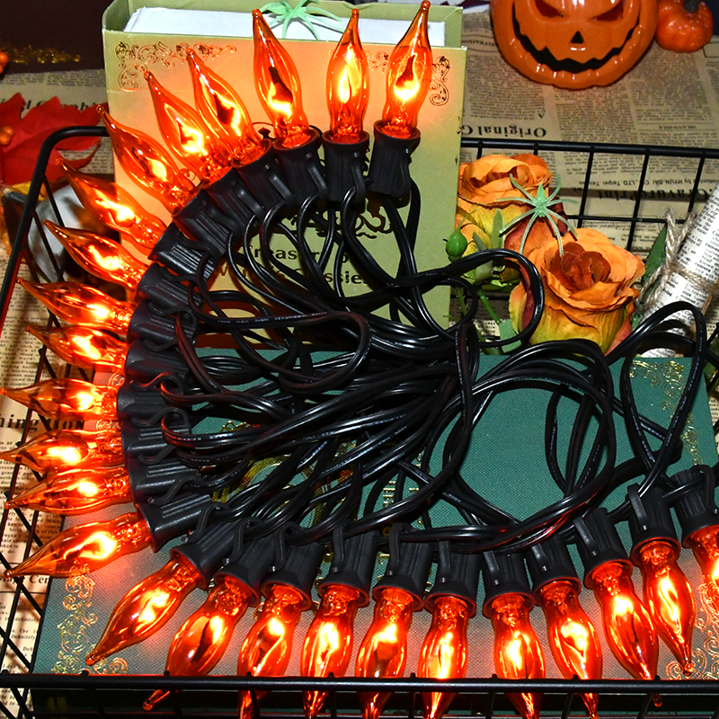 Halloween Lights Flickering Flame String Lights with 12 Pack C7 Orange Flame Light Bulbs (2 Spare), 12.8Ft Orange Flame String Lights for Indoor Outdoor Home Party Yard Halloween Decorations