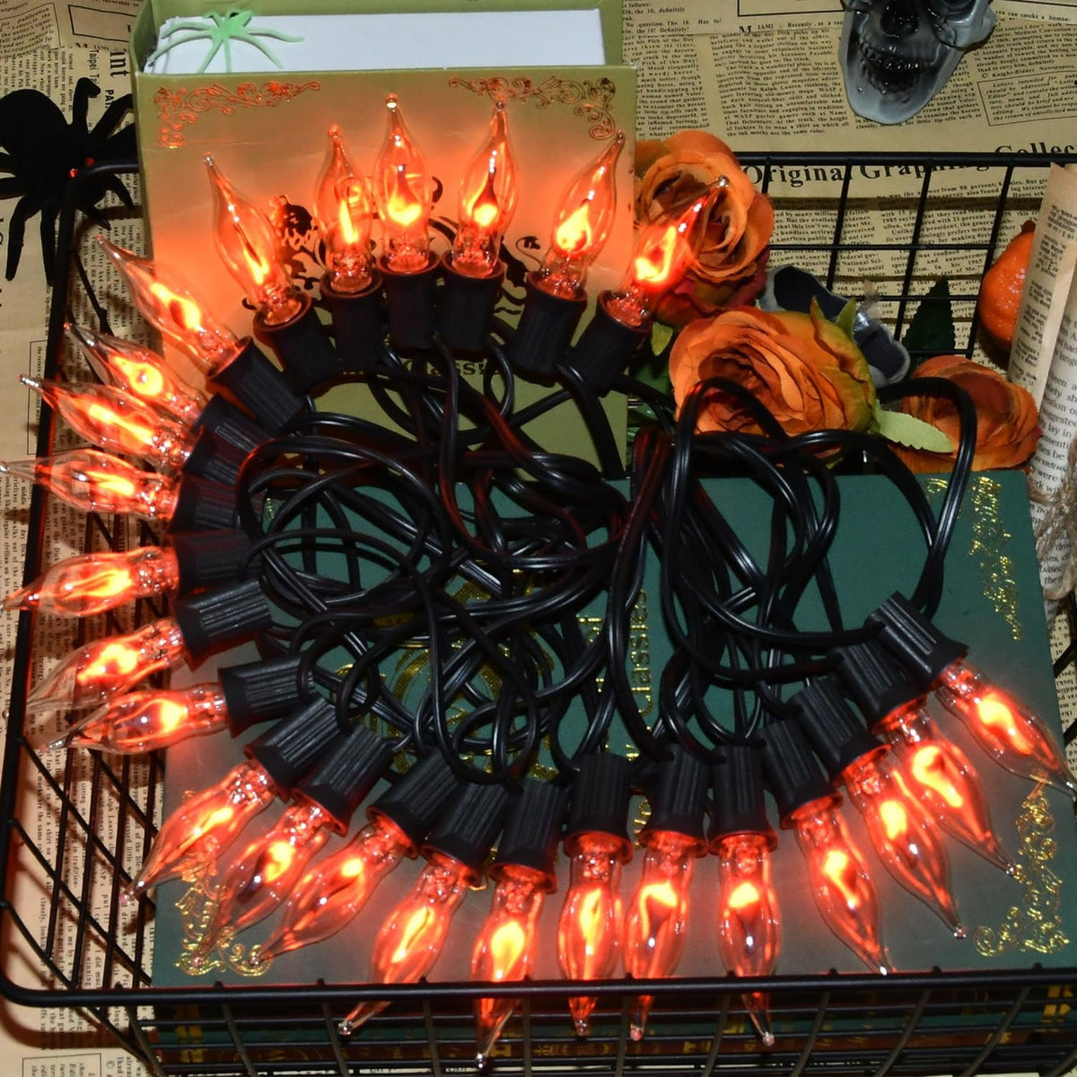 Halloween Lights Flickering Flame String Lights with 12 Pack C7 Orange Flame Light Bulbs (2 Spare), 12.8Ft Orange Flame String Lights for Indoor Outdoor Home Party Yard Halloween Decorations