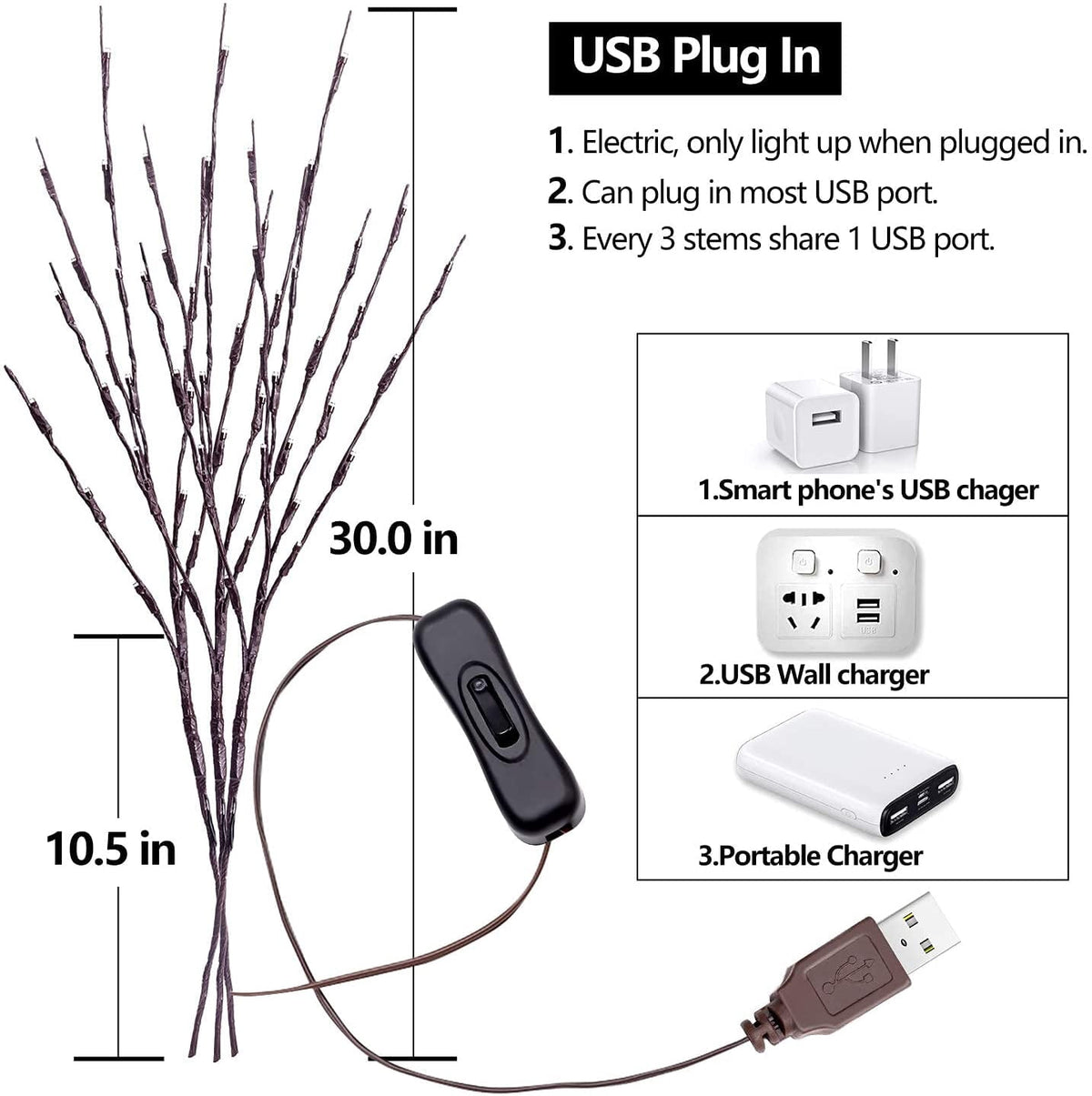 3PK 60 Inch LED Branch Lights with USB Plug, Warm White Twig Willow Branches for Vase, Artificial Tree DIY Decorative Lights