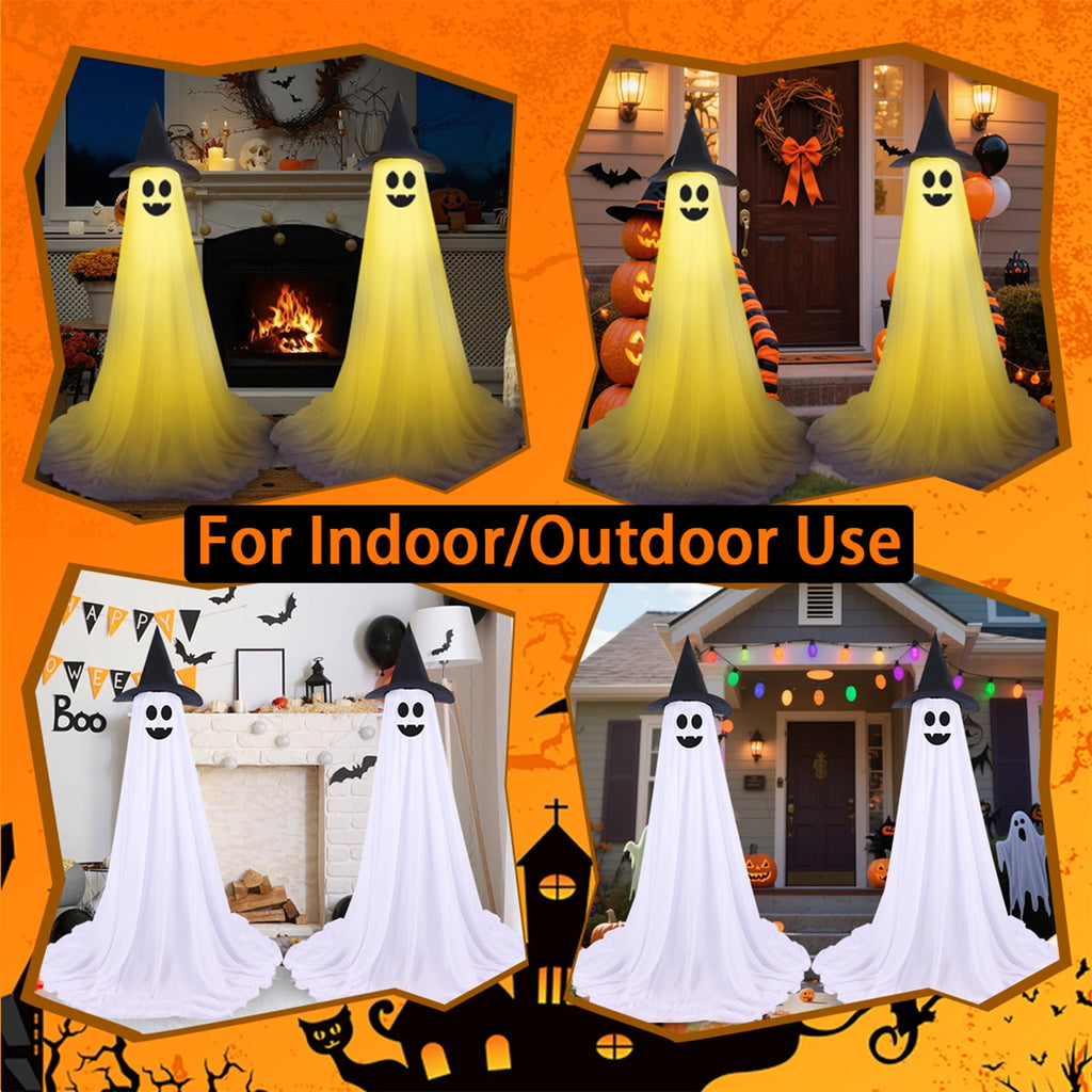 2Pcs Halloween Decorations Outdoor Ghost, DIY Ghost Kit Decor with Witch Hat Remote Control String Lights Halloween Decorations Indoor Halloween Ghost Lights for Porches Yards Gardens Lawn