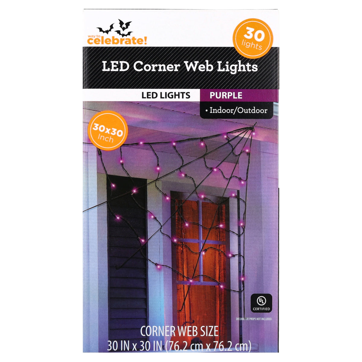 Indoor/Outdoor 30-Count LED Corner Web Lights, Multicolor, 30" x 30", Halloween by Way To Celebrate