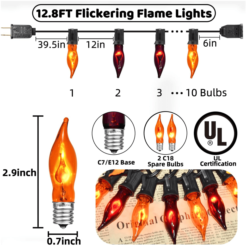 Halloween Lights Flickering Flame String Lights with 12 Pack C7 Orange Flame Light Bulbs (2 Spare), 12.8Ft Orange Flame String Lights for Indoor Outdoor Home Party Yard Halloween Decorations