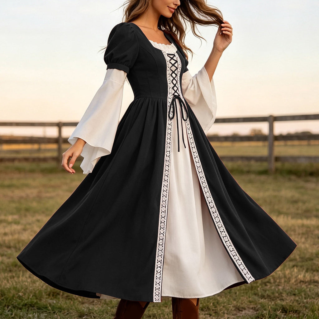 Hurxie Renaissance Costume Women Peasant Medieval Dress Maxi Fairy Dresses with Bell Sleeve Vintage Ren Faire Outfit