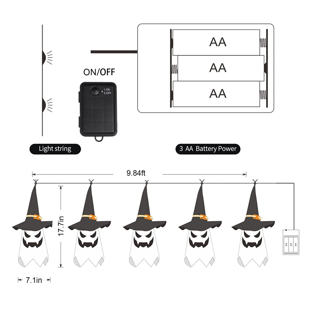 Deago Halloween Lights 9.8ft Battery Operated Ghost Witch Hat 5 LED String Lights Halloween Decoration for Indoor Outdoor Home Party Halloween Decor, White