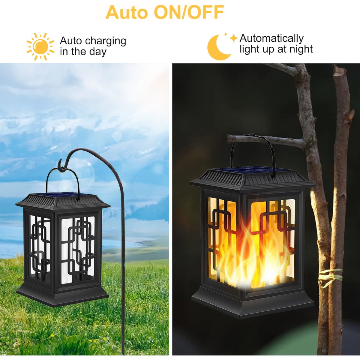 SZRSTH Solar Lanterns Outdoor, Waterproof Hanging Solar Lanterns, Garden Solar Powered Flame Lights LED Lanterns Lights for Patio Pathway Deck Yard (2 Pack)