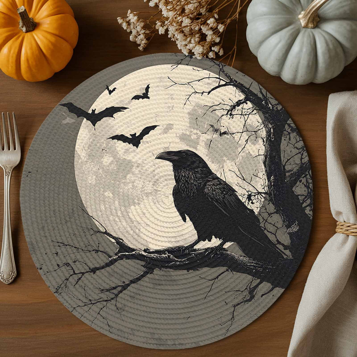 Halloween Round Placemats Set of 4 Black Crow Bats Place Mats Washable Woven Placemat Horror Moon Tree Branch Circle Braided Table Mat for Kitchen Dining Table Holiday Party Home Decor 15 Inch