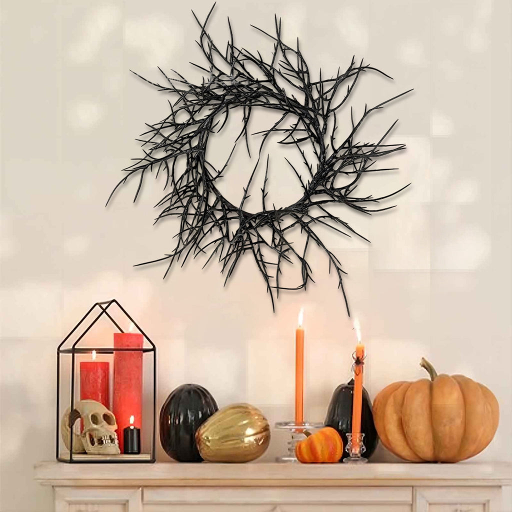 WWC Halloween Wreath, 18 inch Black Bats and Bare Branch Wreath, Gothic Halloween Decor Twig Wreath for Halloween Party Front Door Porch and Fireplace
