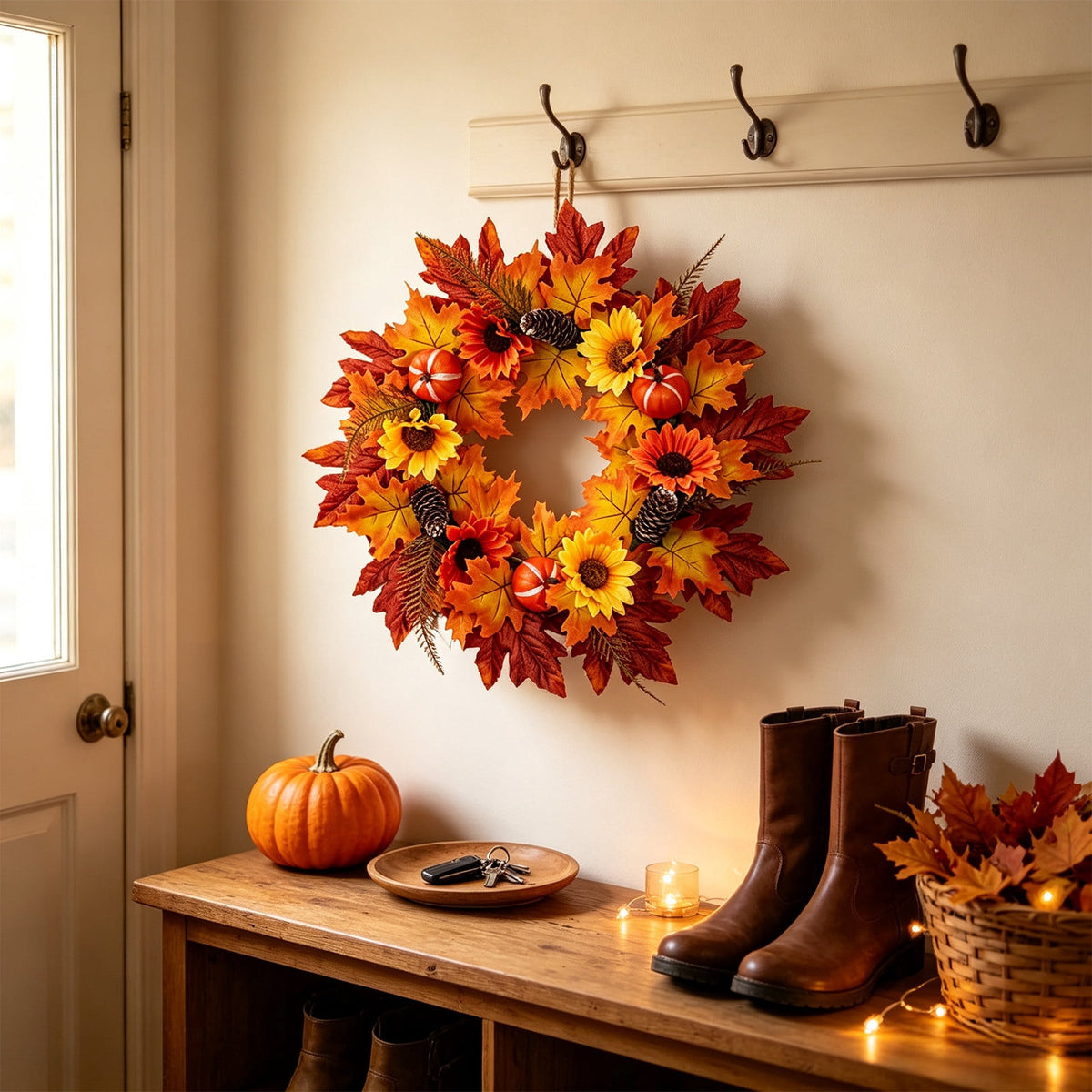 HOARBOEG Handmade Wrought Iron Maple Leaf Wreath, Thanksgiving Rudolph Fall Harvest Door Hanging, Orange Metal Autumn Wreath with Berries, Garden Wall Decor, 15.75 in