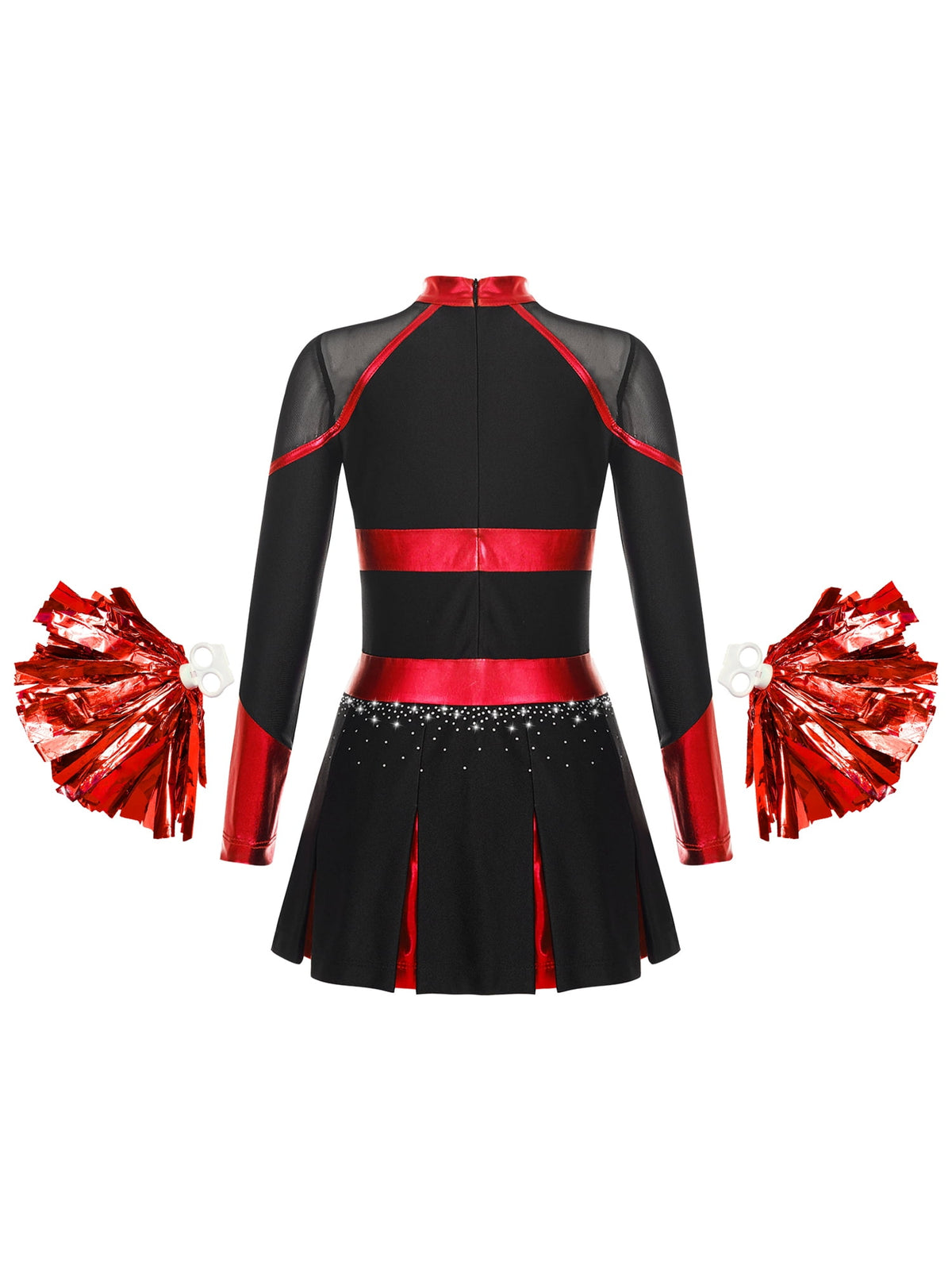 YEAHDOR Cheer Team Uniform for Schoolgirls Cheerleading Outfit Carnival Masquerade Costume Dress with Hand Flower Balls Black&Red 14