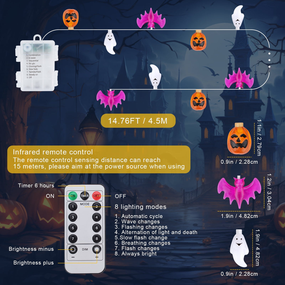 Oziral Halloween String Lights Decorations:Halloween Lights Indoor Outdoor 30 LED Battery Operated Waterproof Lights Remote 3D Pumpkin Bat Ghost Halloween Decorations for bedroom Party Yard Garden