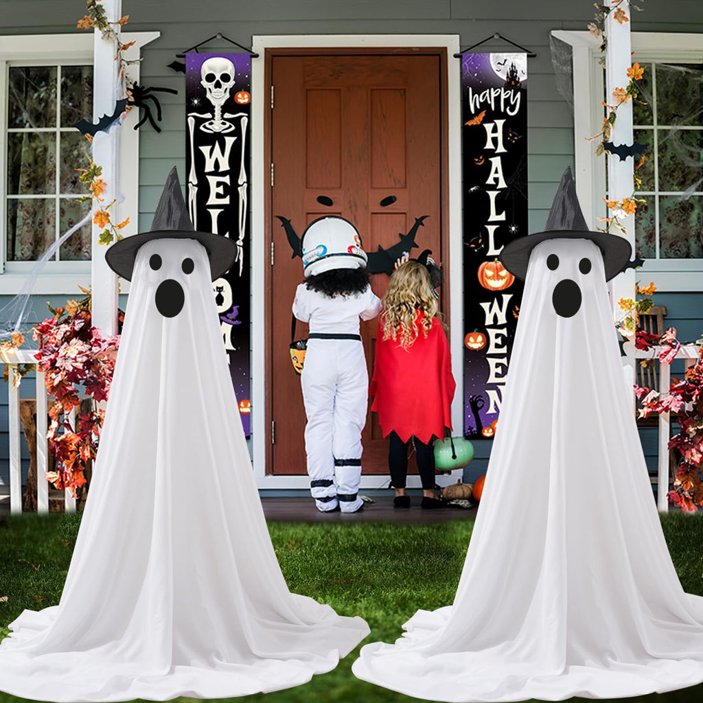 2Pcs Halloween Decorations Outdoor Ghost, DIY Ghost Kit Decor with Witch Hat Remote Control String Lights Halloween Decorations Indoor Halloween Ghost Lights for Porches Yards Gardens Lawn