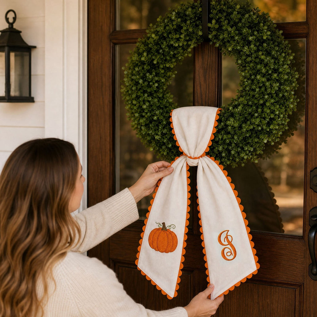 Pumpkin Embroidered Wreath Sash, 50 x 5 inch Orange Scalloped Lettered Ribbon for Halloween, Thanksgiving, Front Door, Seasonal Garland and Fall Home Decor, W