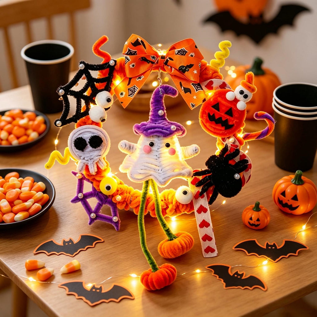 WWC Halloween Wreath, Orange LED Pumpkin and Bats Wreath, Gothic Halloween Decorations Wreath for Front Door, Indoor Outdoor Party Decor