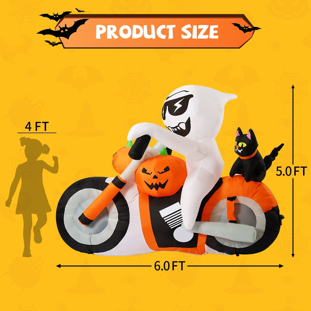 COMIN 6 FT Halloween Inflatables Ghost Outdoor Decorations Blow Up Yard Pumpkin Cat Motorcycle with Built-in LEDs for Indoor Party Garden Lawn Decor