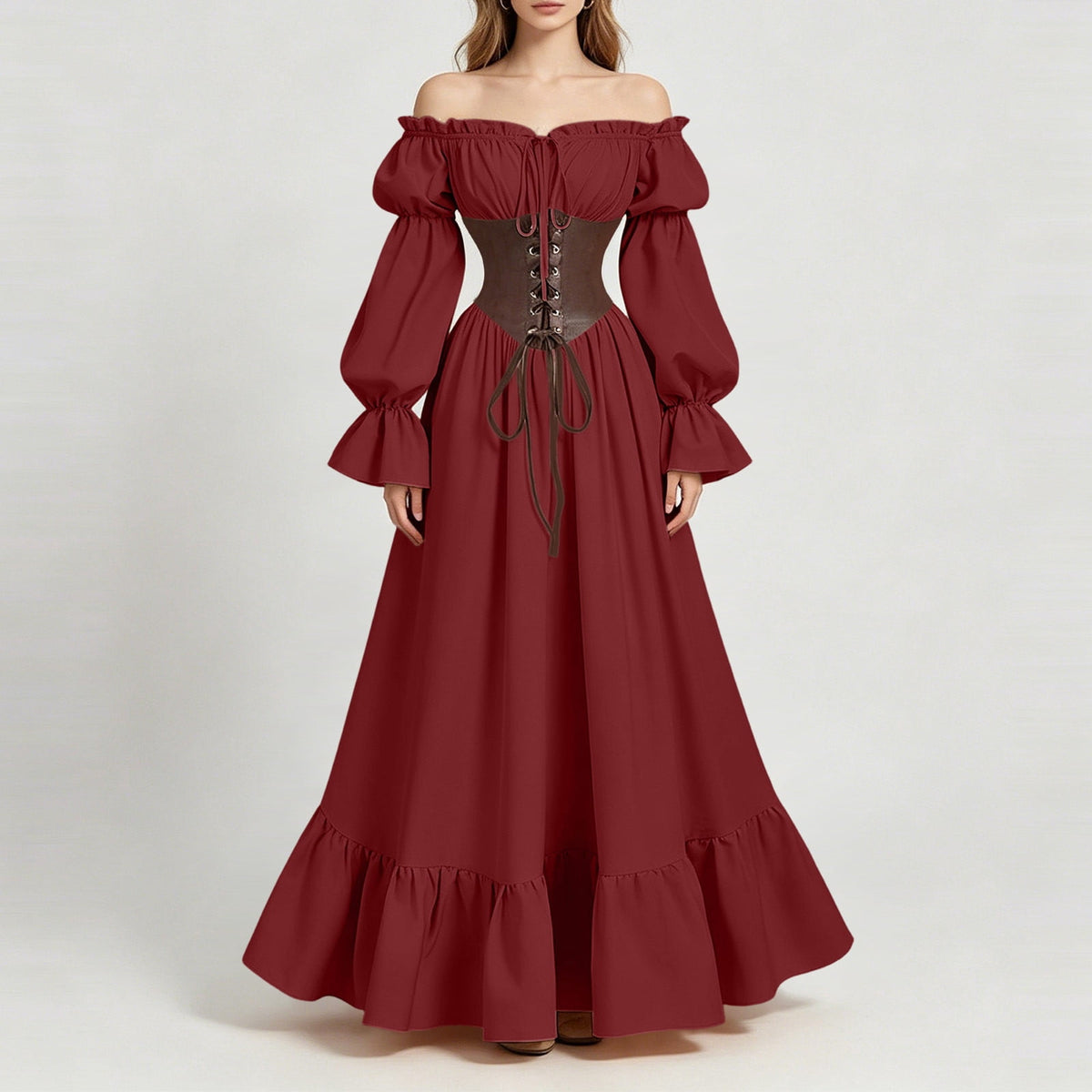 QATAINLAV Renaissance Costume Women Vintage Medieval Dress Cold Shoulder Short Sleeve Peasant Pirate Irish Maxi Dresses, Black, L