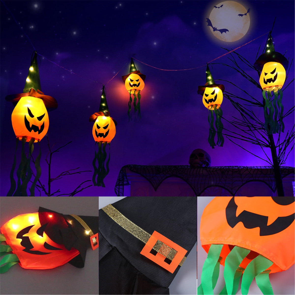 Gallickan Halloween Decorations Outdoor Decor, Hanging Lighted Glowing Pumpkin Witch Hat, Lighted Up Halloween Decorations for Indoor Outside Party Yard Tree Garden, A