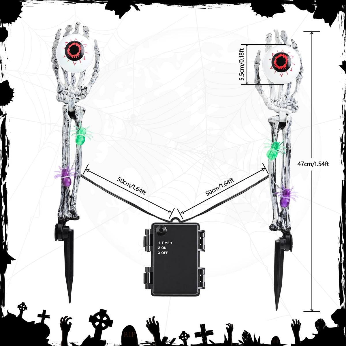 Toodour Halloween Pathway Lights Outdoor, Battery Operated Halloween Skeleton Hands with Light Up Eyeballs & Spiders, Waterproof Halloween Decor for Walkway Garden Yard Lawn, Red