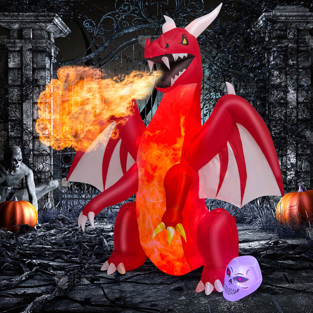 Costway 8 FT Halloween Inflatable Red Dragon with Wings & Skull Holiday Decoration Light