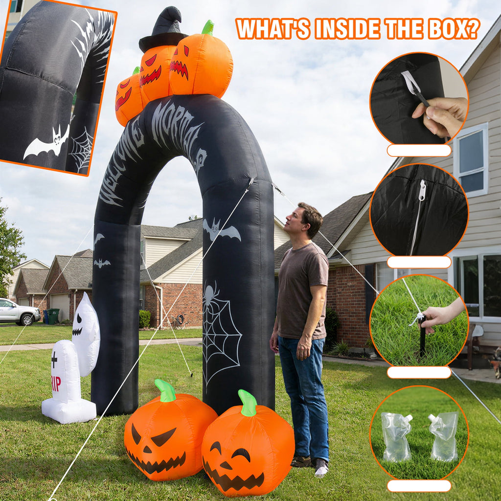 MAGOTAN 9 FT Halloween Inflatables Archway Outdoor Decorations Pumpkin Ghost Archway Halloween Inflatable Blow Up Pumpkin Tombstone Decoration Build-in LED Lights