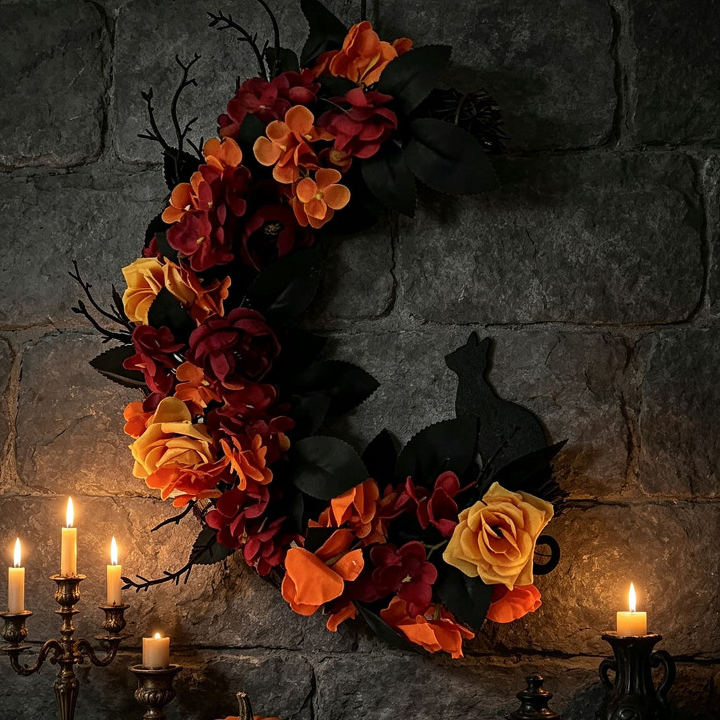 Gcvizuso Halloween Wreath with LED Light String, Purple Rose Black Crow Oval Spooky Twig Wreath for Front Door Window Fireplace Decor