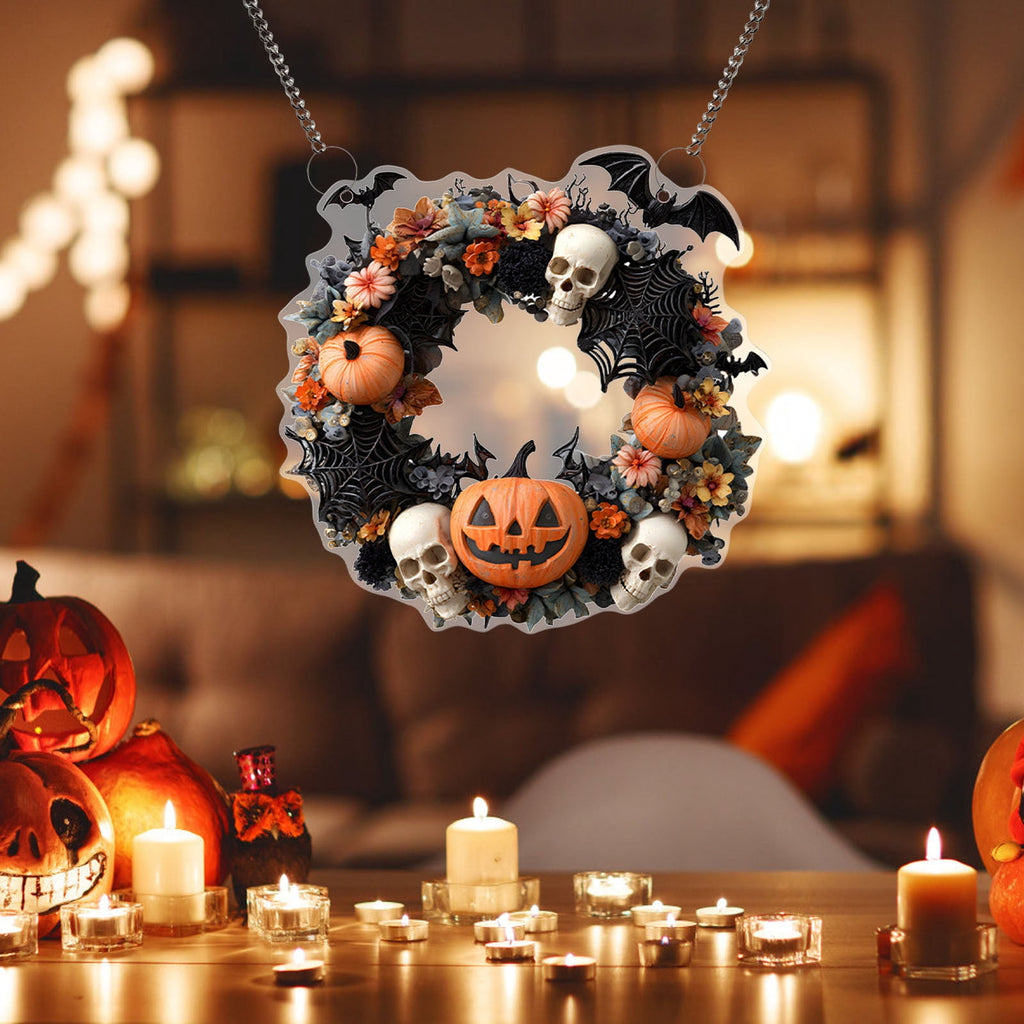 Btomtd Diameter 8" Pumpkin Skull Wreath Halloween Decor Acrylic Round Disk Hanging Ornament with Garland for Front Door Window, B