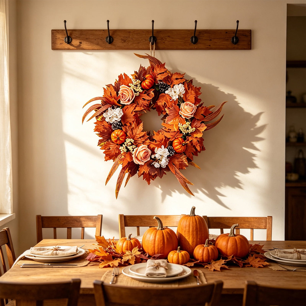 HOARBOEG Autumn Harvest Sunflower Wreath, Artificial Pumpkin Maple Leaf Fall Wreath for Front Door, 21.65 in Thanksgiving Wall Hanging Decor, Outdoor Indoor Harvest Decor