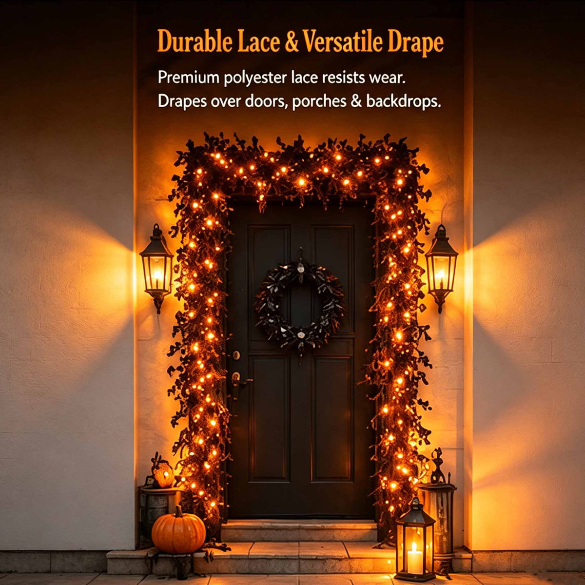 Halloween Garland with LED Lights,Halloween Fireplace Mantel and Door Decoration with Vine Light,Gothic Black Vine Halloween Decor for Indoor Home
