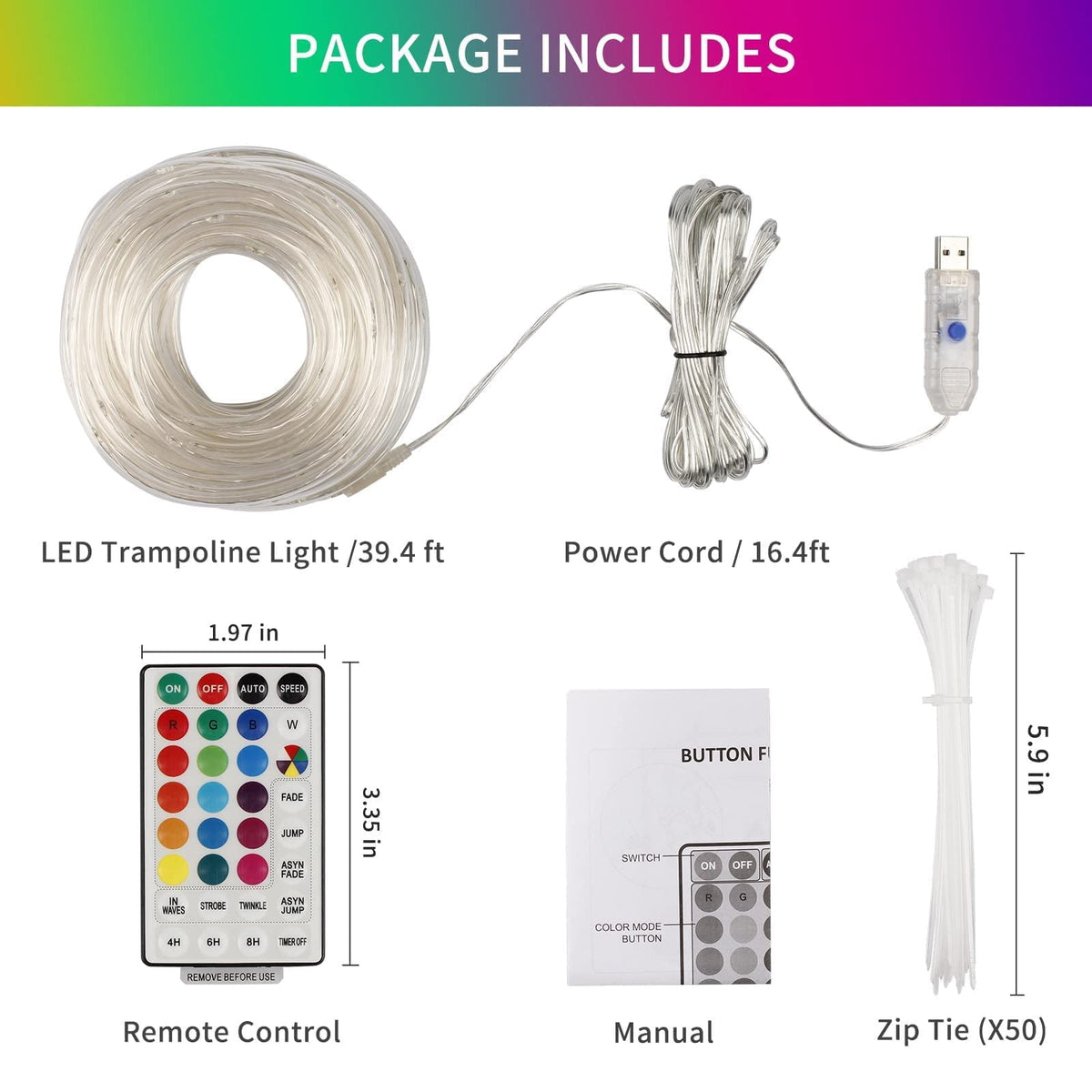39FT 100 LEDs Rope Lights, 16 Colors Changing Lights with Remote, USB Powered Clear Tube Fairy Light Waterproof for Wedding Christmas Party Indoor Outdoor Decorations