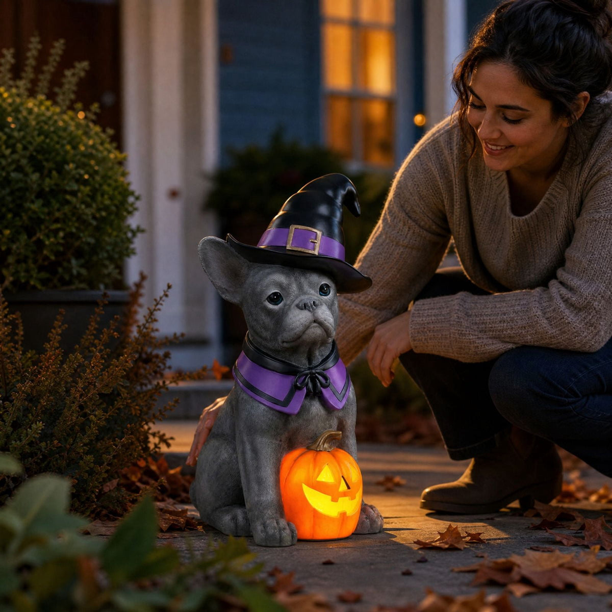 Clearance Halloween Schnauzer Bat Figurine with Ghost Bucket, 8 inch Resin Cute Dog Gifts Tabletop Decor