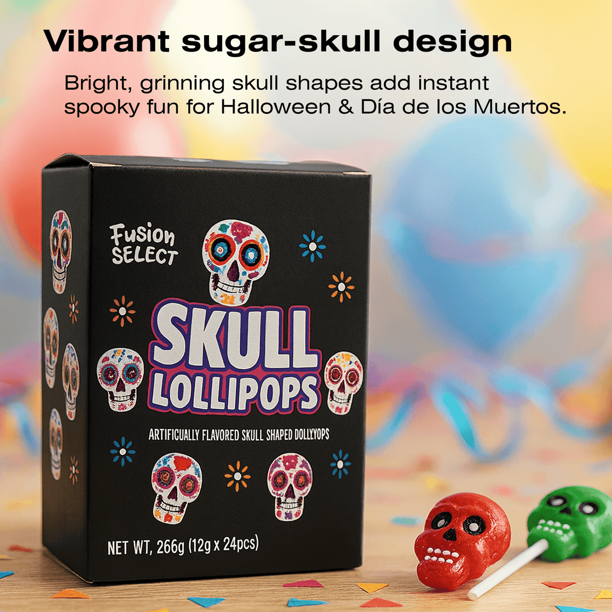 Fusion Select 24 Pcs Sugar Skull Lollipops - Colorful Halloween & Day of the Dead Candy - Individually Wrapped Novelty Treats for Kids - For Trick or Treat, Themed Party Favors & Celebrations