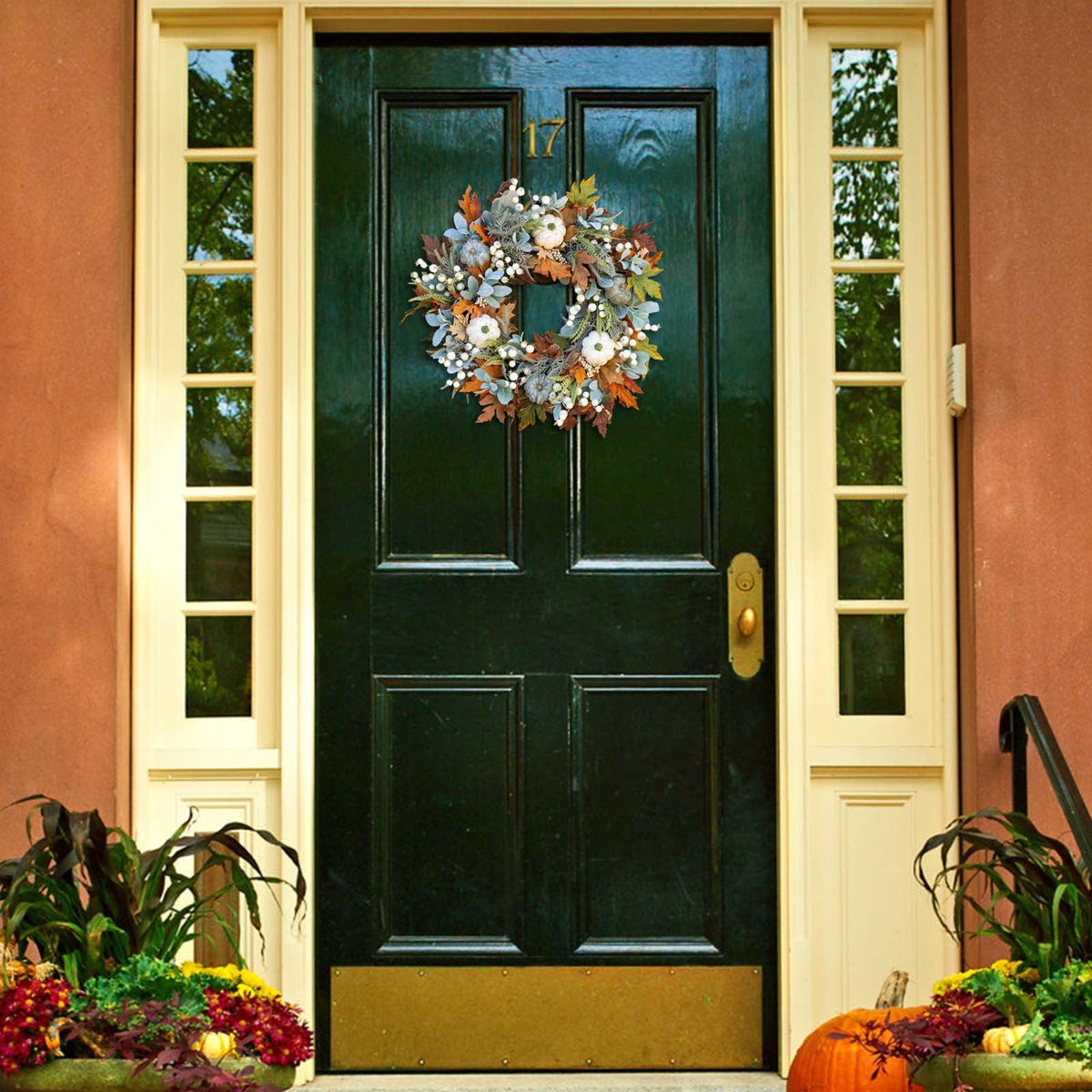 Btomtd Diameter 8" Pumpkin Skull Wreath Halloween Decor Acrylic Round Disk Hanging Ornament with Garland for Front Door Window, B