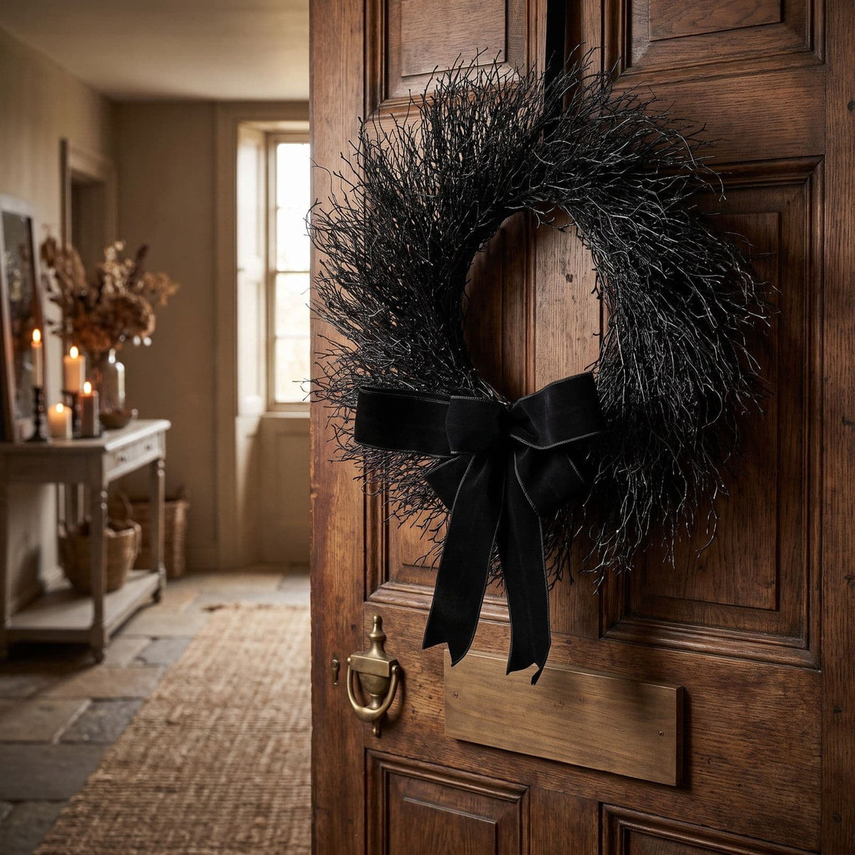 Drapey Faux Cedar Wreath,Halloween Wreath, Draped Foliage Front Door Wreath, Indoor Outdoor Weather Resistant Gothic Porch Wall Decor for Halloween Seasonal Decoration,Black, 16"