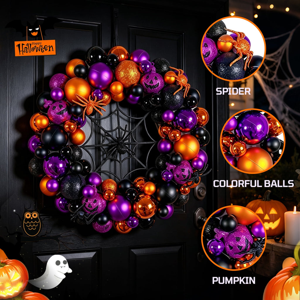 Godance 16 Inch Halloween Ball Wreath for Front Door, Halloween Wreath with Fake Pumpkins Spider, Shatterproof Treat-or-Trick Front Door Wreaths, Purple/Black Ball Ornament for Wall Front Door
